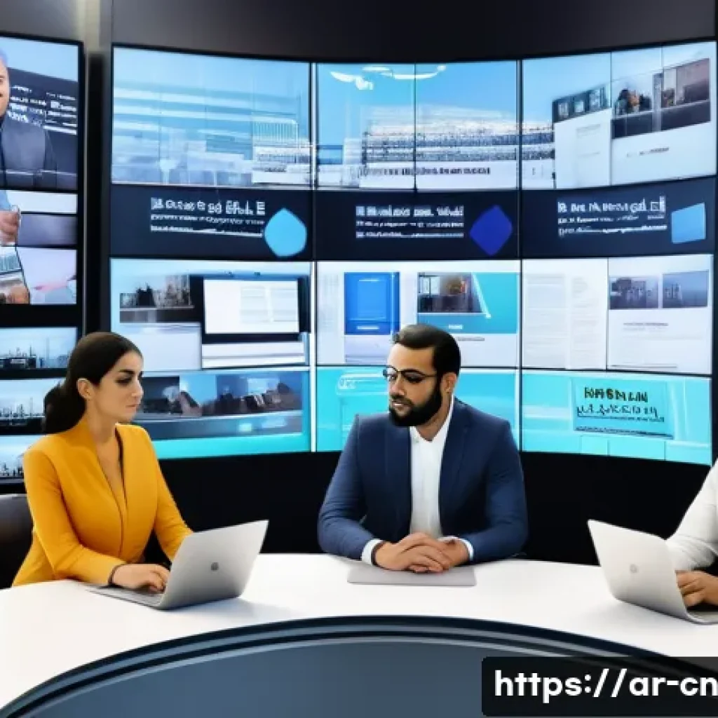 정보원의 편향성 판단하기 - A modern newsroom scene set in a Middle Eastern city, featuring diverse Arab journalists working at ...