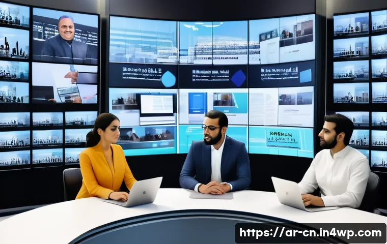 정보원의 편향성 판단하기 - A modern newsroom scene set in a Middle Eastern city, featuring diverse Arab journalists working at ...