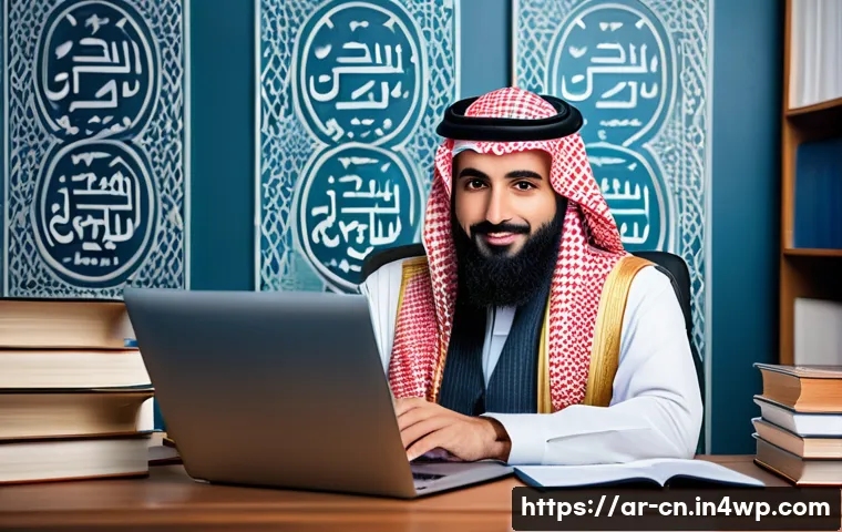 고품질 정보원 차별화하기 위한 기준 - A professional Middle Eastern digital content evaluator sitting at a modern desk with a laptop displ...