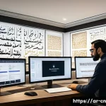 Home 21 고품질 정보원 확보를 위한 방법론 - A professional Middle Eastern digital researcher in a modern home office, surrounded by multiple com...