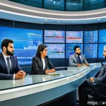 Home 19 정보원의 객관성 검증 방법 - A modern Arabic newsroom setting with diverse journalists wearing professional attire, featuring Ara...