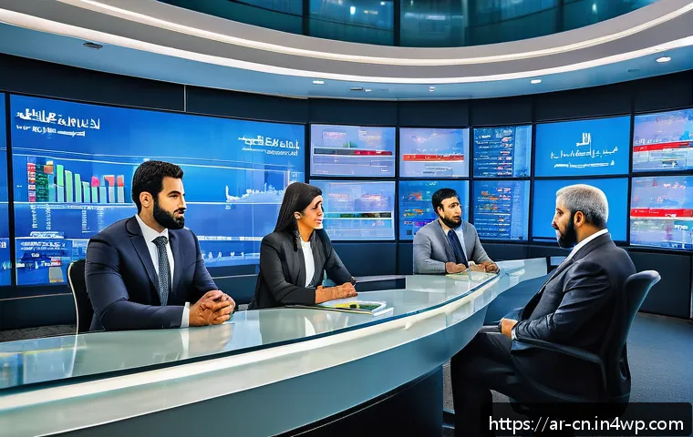 정보원의 객관성 검증 방법 - A modern Arabic newsroom setting with diverse journalists wearing professional attire, featuring Ara...
