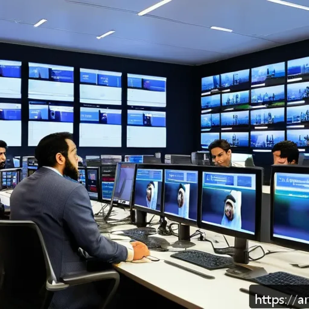 정보원의 출처를 추적하는 방법 - A professional Middle Eastern newsroom setting showing a diverse group of Arabic-speaking journalist...