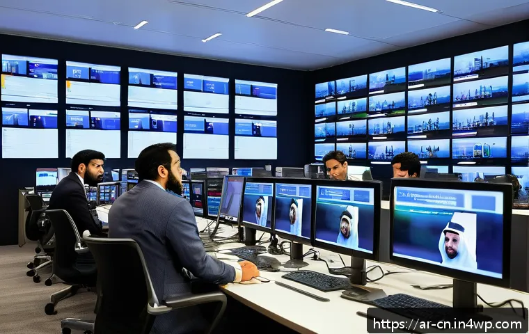정보원의 출처를 추적하는 방법 - A professional Middle Eastern newsroom setting showing a diverse group of Arabic-speaking journalist...
