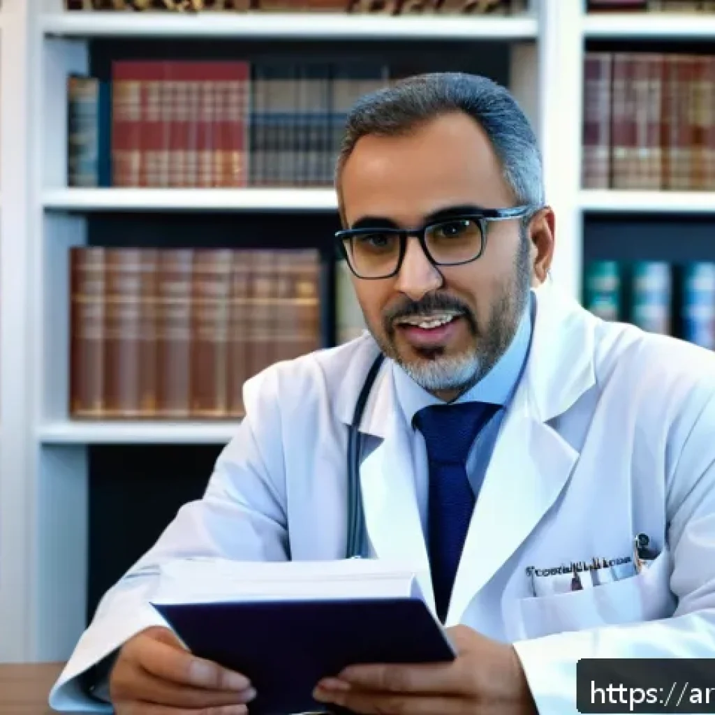 정보원 선택을 위한 전문가 인터뷰 활용하기 - A professional Arabic-speaking expert seated in a modern office, surrounded by bookshelves filled wi...