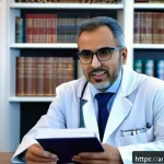 Home 23 정보원 선택을 위한 전문가 인터뷰 활용하기 - A professional Arabic-speaking expert seated in a modern office, surrounded by bookshelves filled wi...