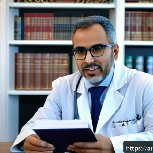 Home 17 정보원 선택을 위한 전문가 인터뷰 활용하기 - A professional Arabic-speaking expert seated in a modern office, surrounded by bookshelves filled wi...