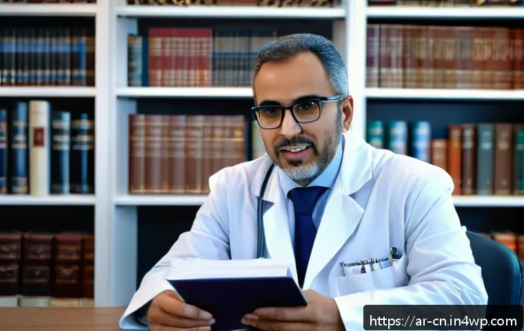 정보원 선택을 위한 전문가 인터뷰 활용하기 - A professional Arabic-speaking expert seated in a modern office, surrounded by bookshelves filled wi...