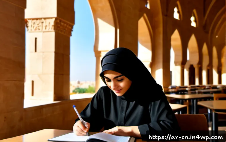 Home 17 학술 자료에서의 정보원 식별법 - Photorealistic Arab university researcher in modest professional clothing seated at a sunlit library...