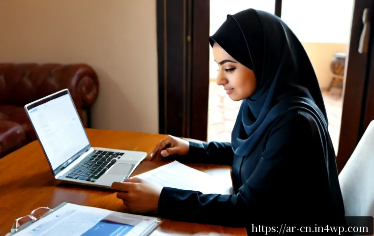 Home 17 온라인 포럼의 정보 신뢰성 평가하기 - Photorealistic Arab woman in modest long-sleeve clothing and hijab seated at a tidy home office desk...